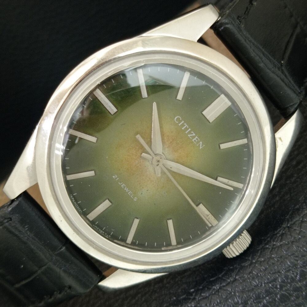 Vintage 1984 Citizen Manual Wound Mens Silver Watch & Olive accents